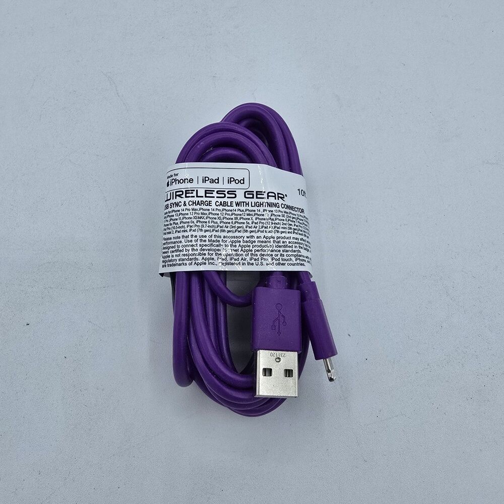 10 Foot Purple Wireless Gear Charging Cable Heavy Duty For iPhone/iPad New